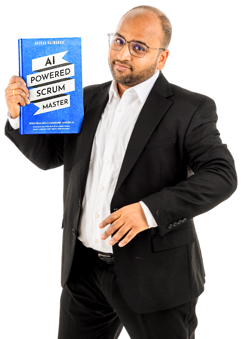 Gaurav Rajwanshi holding his blue AI Powered Scrum Master book