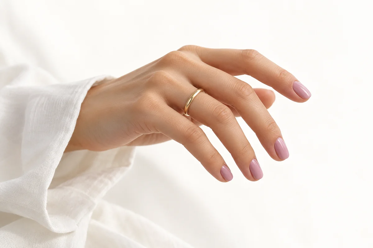 Illustrative orchid manicure and a gold ring, not studio work