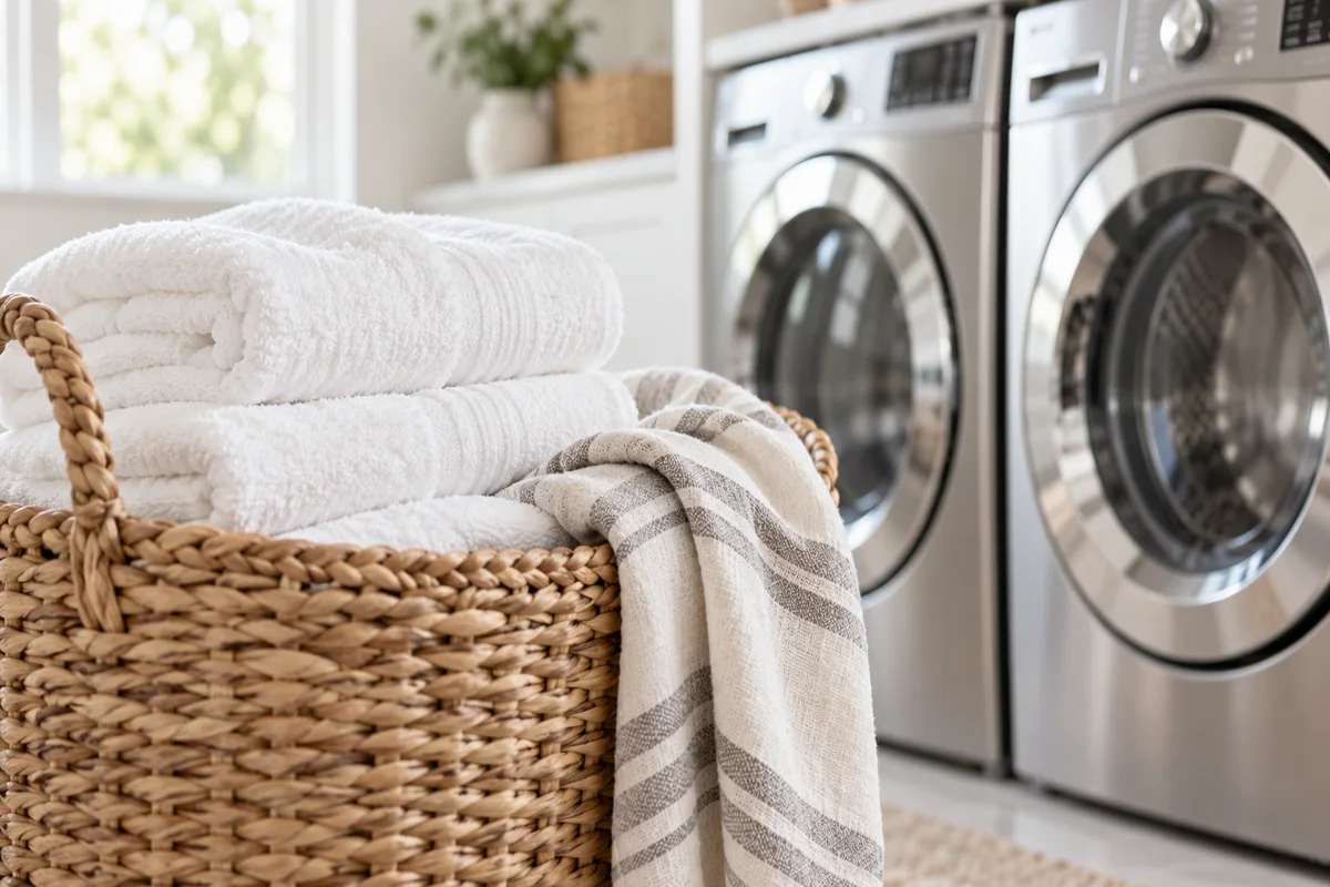 Illustrative folded towels in a laundry basket beside washing machines
