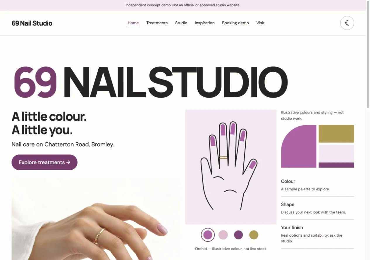 Screenshot of 69 Nail Studio demo homepage