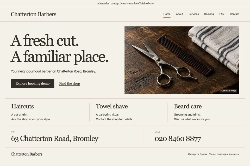 Screenshot of Chatterton Barbers demo homepage