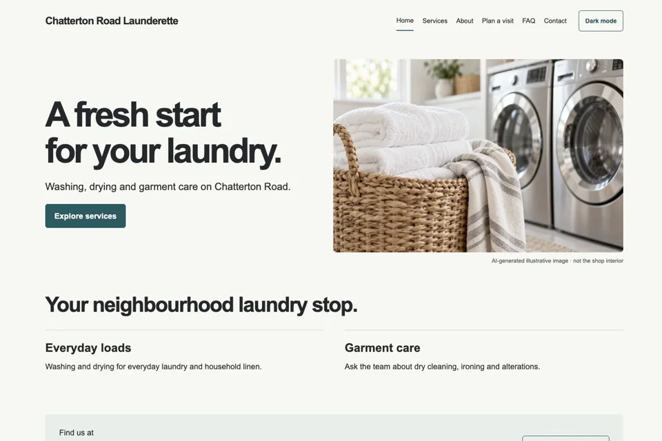 Screenshot of Chatterton Road Launderette demo homepage