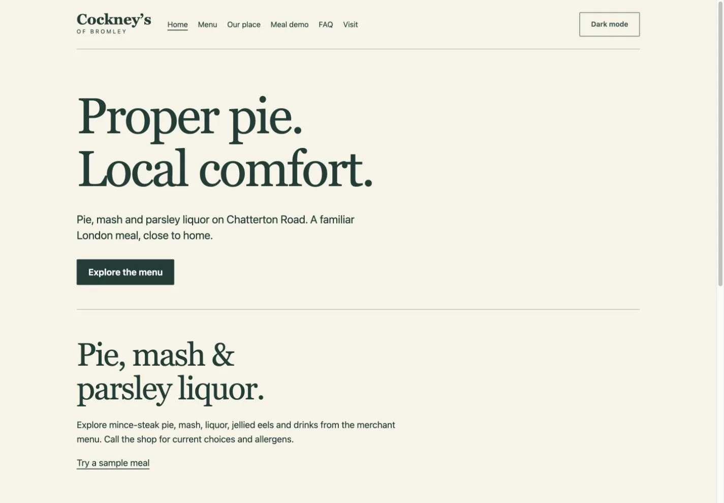 Screenshot of Cockney’s of Bromley demo homepage
