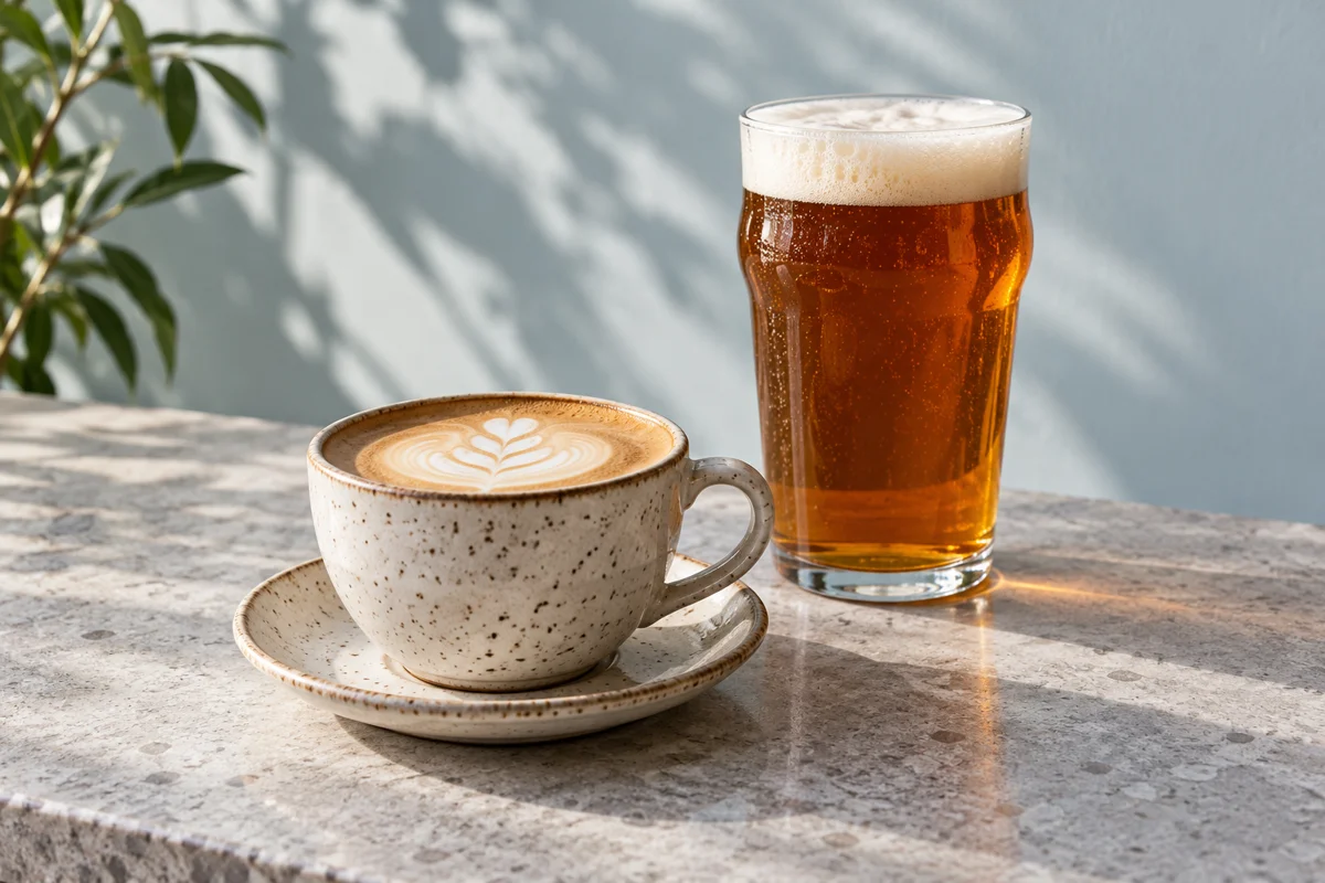 Illustrative still life of coffee and an amber pint